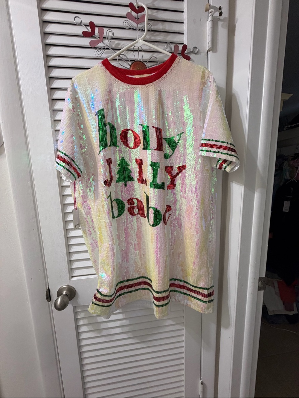 Holiday Sequin ladies Tee dress - "Holly Jolly Baby" - White/Red/Green